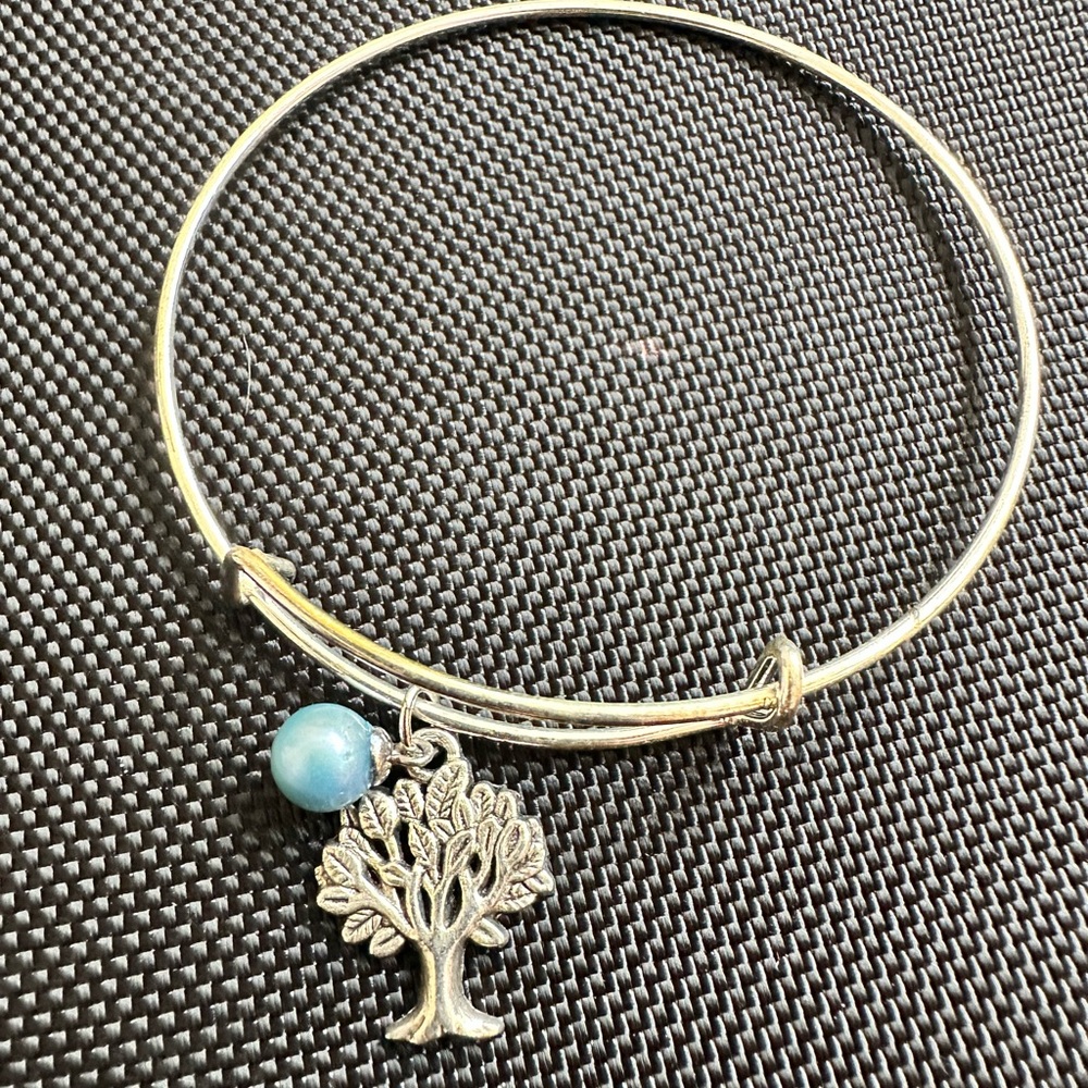 Silver Tree of Life Bangle Bracelet with Blue pearl